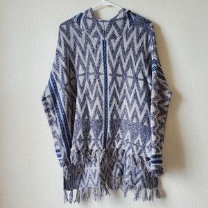 Womans S Wool Blend Blue Striped Hooded Poncho Longsleeve Top